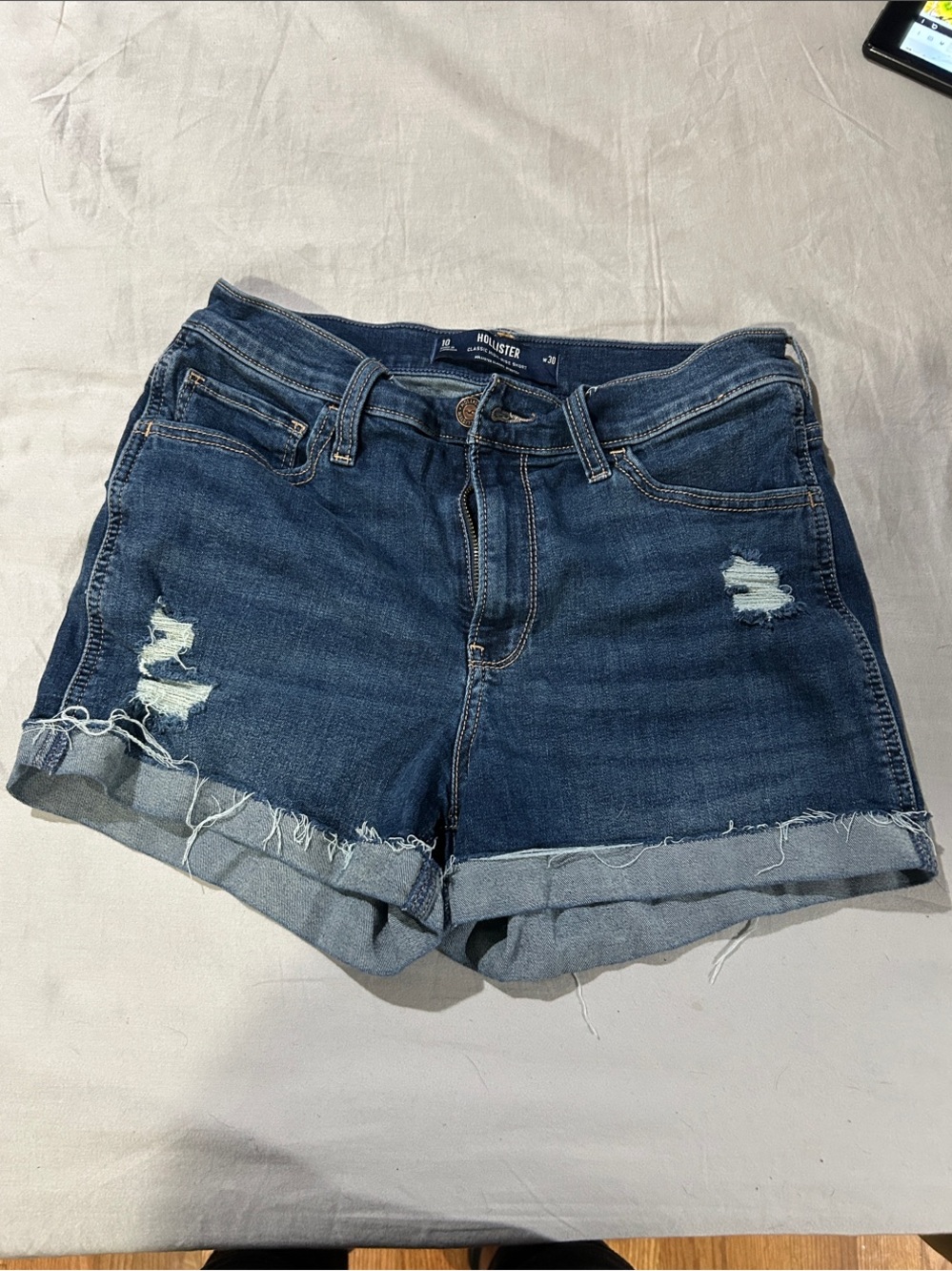 Hollister Women's Dark Indigo Distressed Rolled Hem Denim Shorts